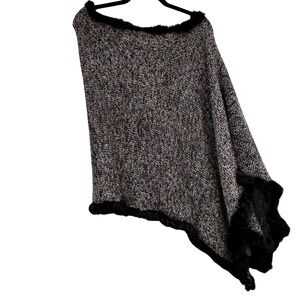 Y2K White House Black Market Asymmetrical Knit Poncho Faux Fur Trim Black Gry OS
